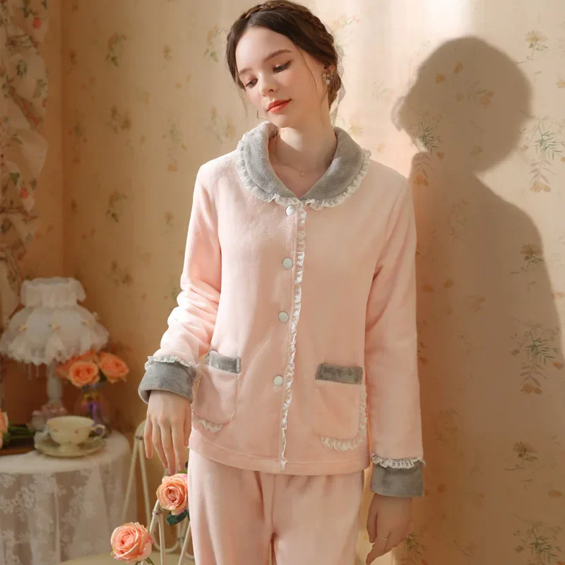 Princess Sleepwear Long Sleeve Sleep Tops Bottoms Bloomers Pants Women Light Pink Lace Square Collar Winter Velvet Pajamas Sets