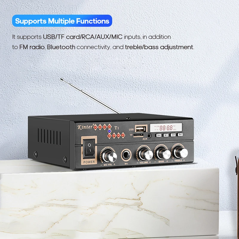 KINTER Multi-function Bluetooth Audio Amplifier 2-channel Stereo USB TF Player Power Amplifier FM Radio 100-240V T1 T2