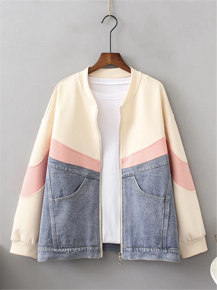 Plus Size Clothese For Spring And Autumn Stand collar Long Sleeved Denim And Multicolor Panels Casual Jacket Large Size Coat 4XL