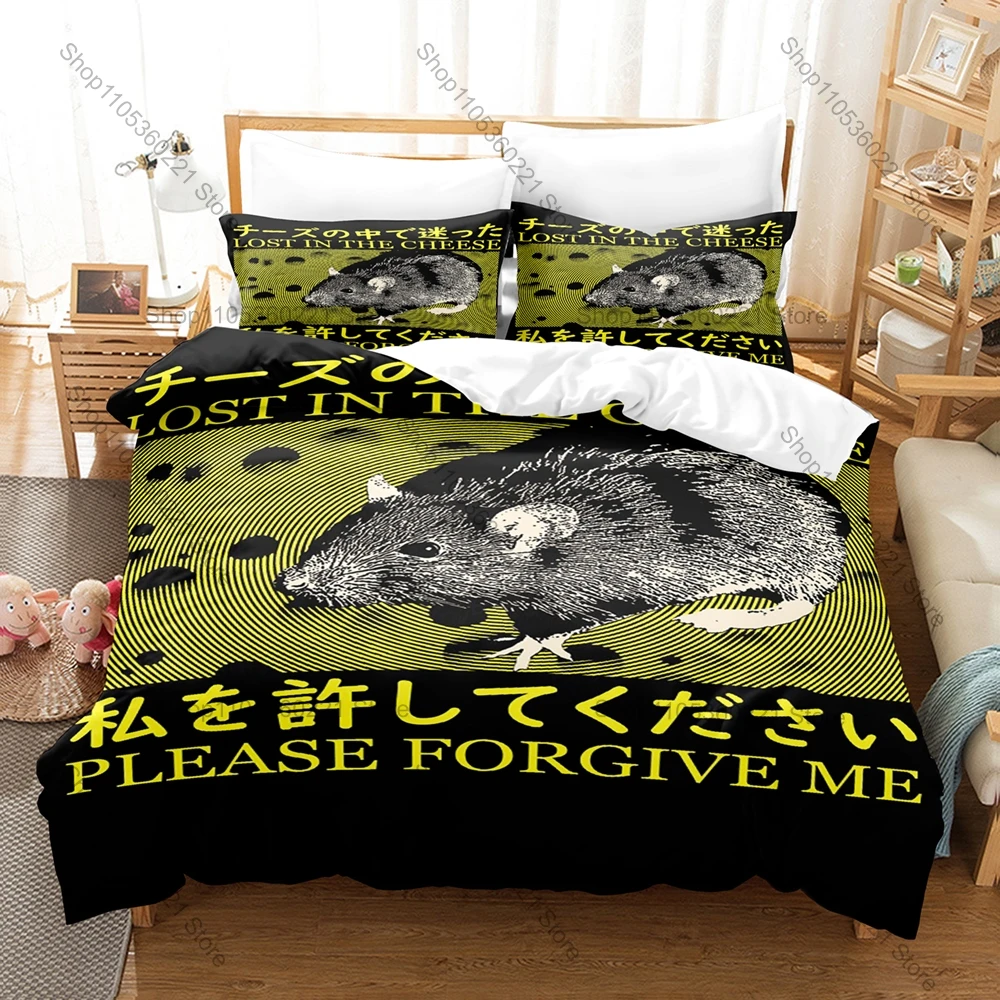 Cool Vintage Grunge Cheese Devouring Rat Kanji Text 3 Piece Bedding Set Duvet Cover + 2 Pillowcases Weird Internet Meme Lovers G