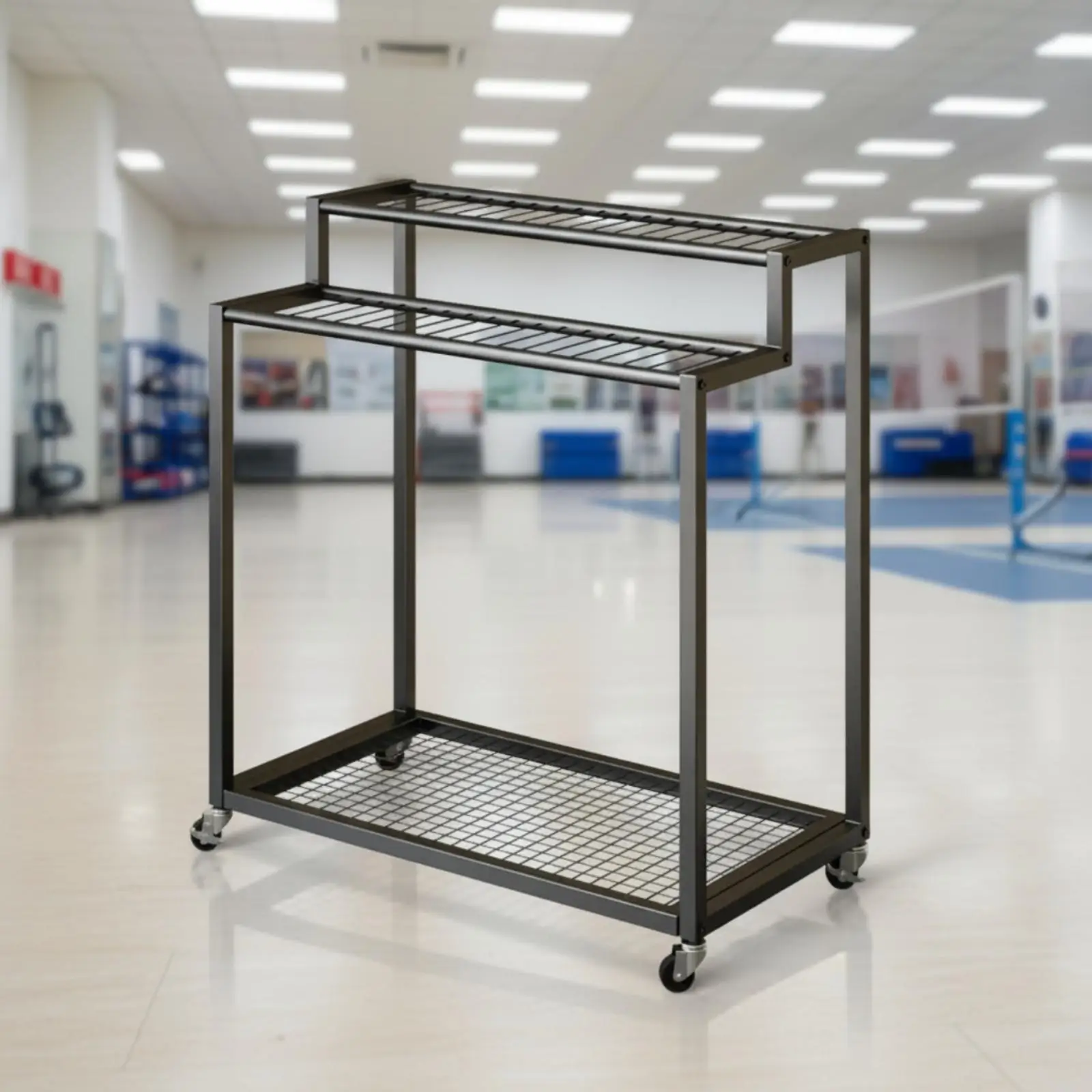 Heavy Duty Badminton Rack Organizer for 32 Rackets Carbon Steel Construction with Lower Accessory Shelf and Wheels