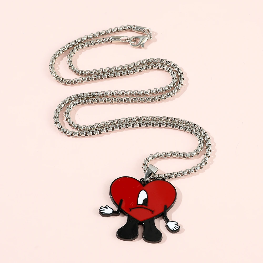 Trend Bad Bunny Necklace Cosplay Singer Bad Rabbit Red Heart Pendant Neck Chain Cute Decoration Jewelry Accessories for Fan Gift