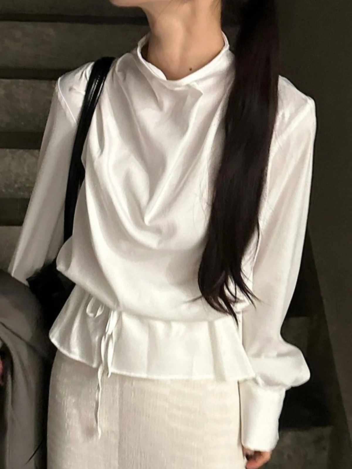 

Женская блузка Ele Early Spring с высоким воротником и длинными рукавами, приталенная, с завязками на талии, базовый слой, белый топ в корейском стиле с рукавами-фонариками