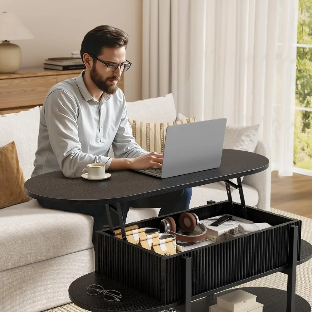 Овальный журнальный столик с подъемным верхом и рифленым деревянным центром и скрытым хранилищем, трехъярусные столы с изогнутыми краями, современный дизайн