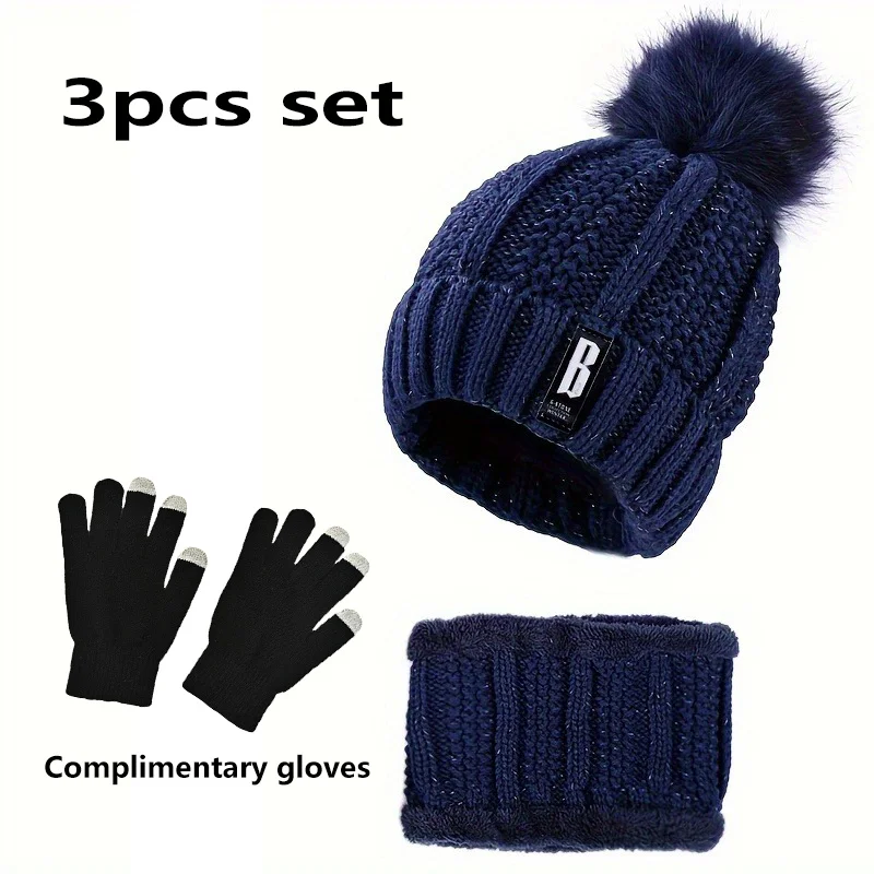 Set da 2/3 pezzi di cappello invernale, sciarpa e guanti realizzati con metodo in maglia di peluche spessa antivento, regalo ideale per Natale Cappello per il tempo libero all'aperto