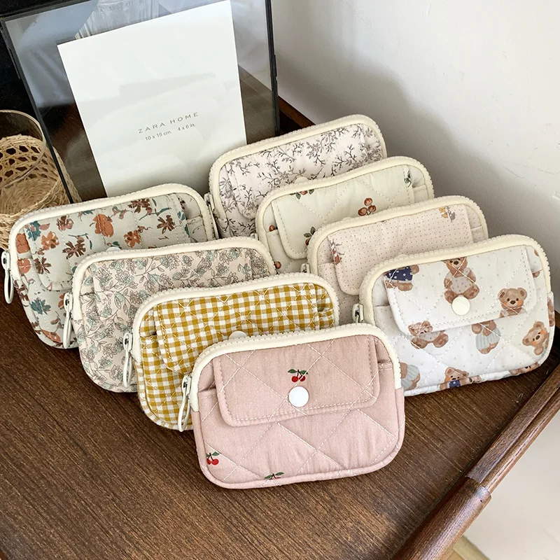 Stripe Floral Coin Purse Flower Korean Style Small Makeup Lipstick Bag Jewelry Packing Bag Earphone Bag Mini Canvas Storage