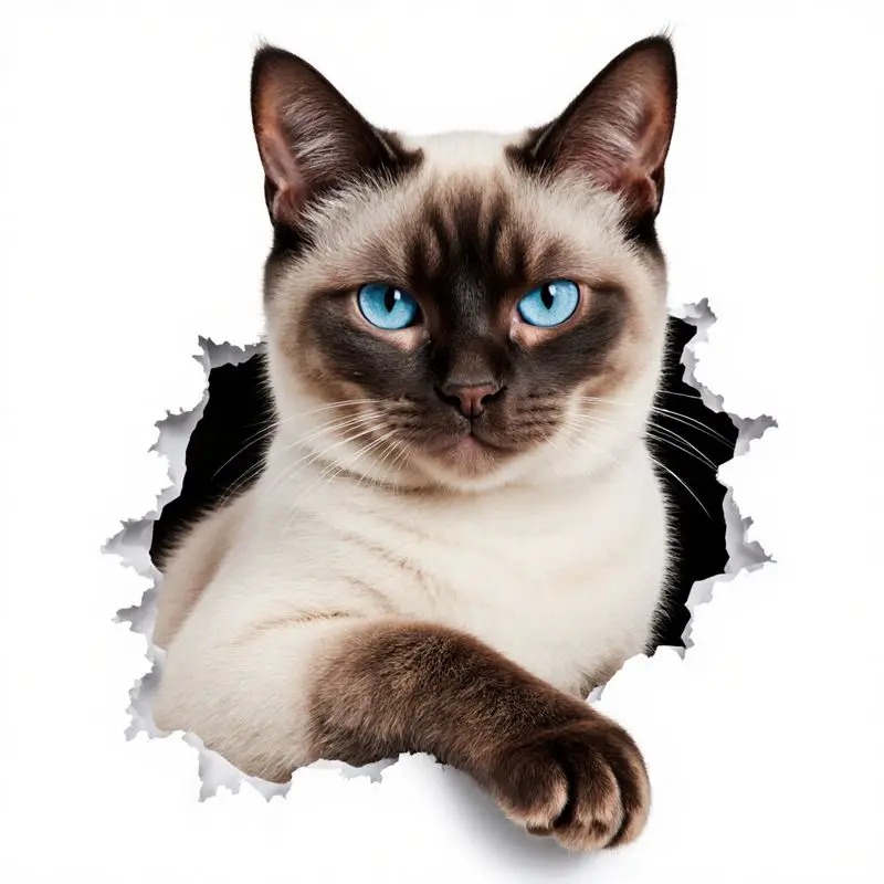 Pegatina para coche - diseño de gato siamés de ojos azules, efecto de rasgadura, combinación de colores clásica siamesa (pecho blanco/cara blanca, seali