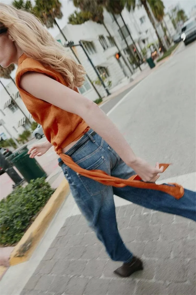 Satin Shawl Collar Sleeveless Crop Top, Women's Elegant Side-Tied Waist Shirt, Luxurious Smooth Silk-Like Tank - view 3