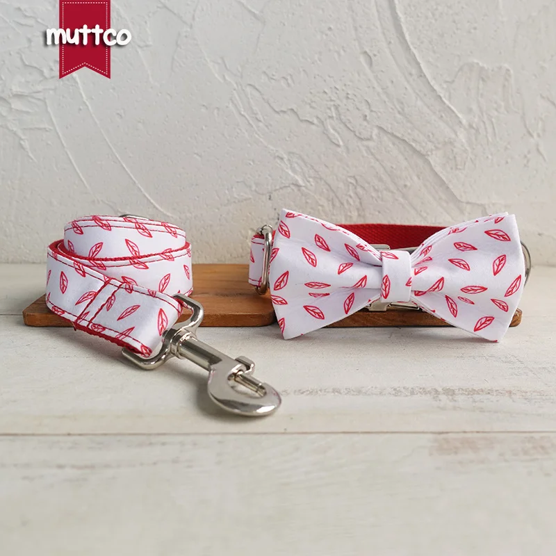 

MUTTCO The independent design dog bow tie collar leash RED LEAVES personalized adjustable puppy nameplate collar 5 sizes UDC128