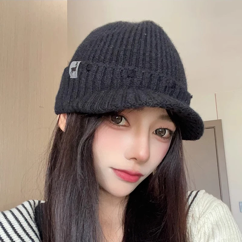 Spring and Winter Female Warm Hat Beanies Cap With Visor Women Warm Soft Knitting Skullies Outdoor Versatile Riding Hat