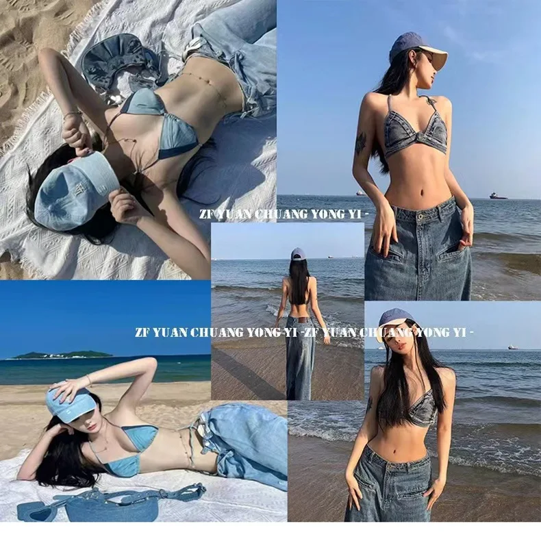 Denim Bikini Neck Strap Holiday Sweet Overalls Swimsuit with High Sense Inside Bathing Suit Women Bikini Set
