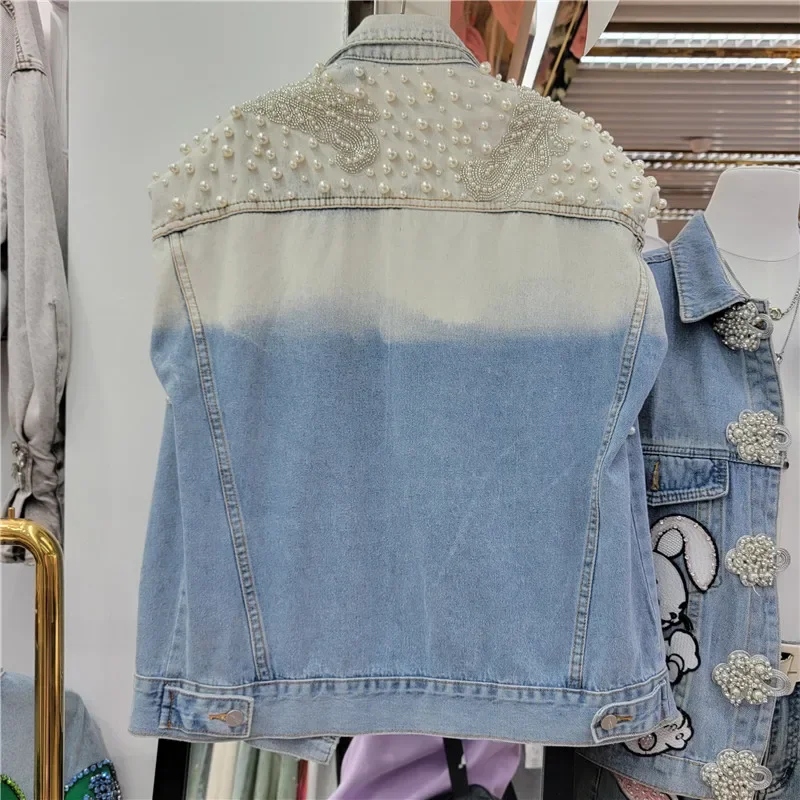 Beading Pearl Big Pocket Tie Dye Contrast Color Women Denim Vest Loose Cowboy Waistcoat Fashion Sleeveless Jeans Jacket Female