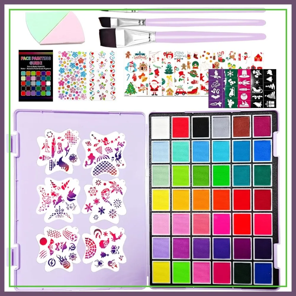 

42 Color Face Paint Palette Non Toxic Water Based with Stencils & Brushes for Cosplay Parties Theater Stage Halloween