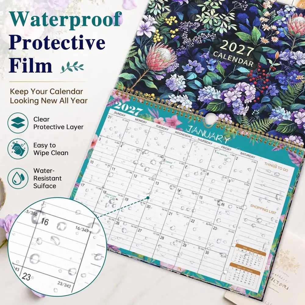 Durable 2027 Wall Calendar 12 Month Floral Hanging Calendar Large Date Block 38 x 32cm Monthly Planner Home Office