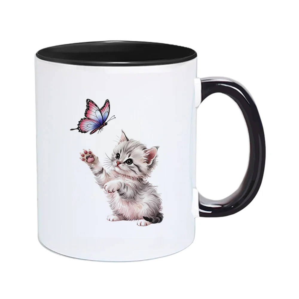 11oz Cute Kitten and Butterfly Ceramic Coffee Mug for Home Office Tableware, Perfect for Birthday Party Summer Travel Camping Ho