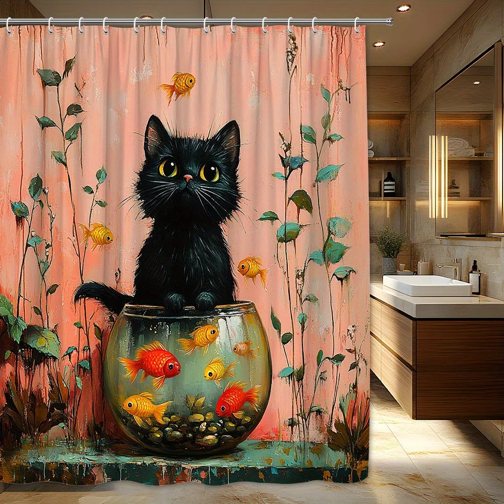 

1pc Extra Large Bathroom Shower Curtain - Black Kitten in Fishbowl with Orange-Golden Fish, Peach Background - Machine Washable