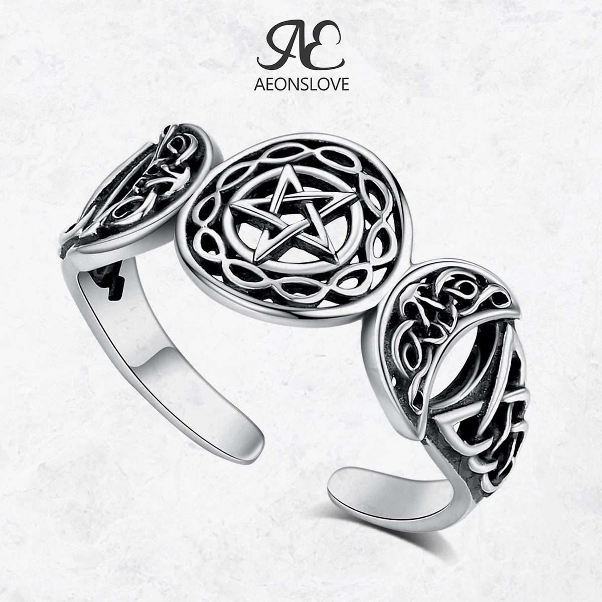 

AEONSLOVE 925 Sterling Silver Triple Moon Goddess Pentagram Ring Celtic Knot Adjustable Ring Wicca Pagan Jewelry for Women Men