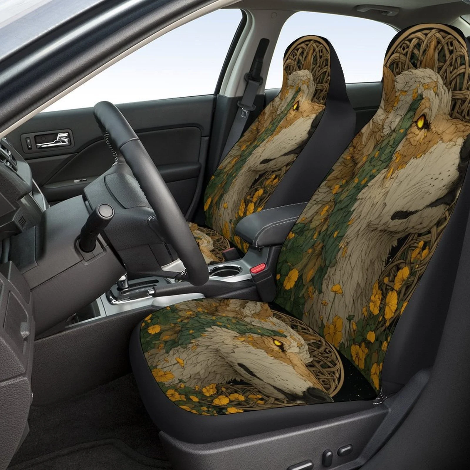 Wolf Blossom Designed Car Seat Cover Set For Most Cars, Trendy Novelty High-quality Car Seat Protector Covers Full Set, Universa