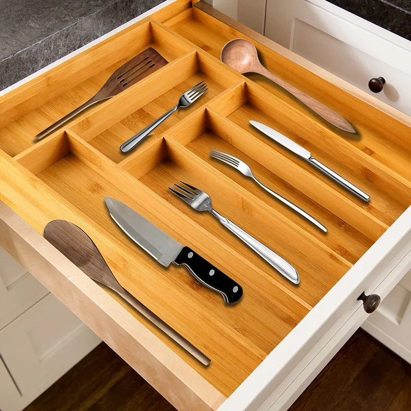 Wooden Silverware Organizer Kitchen Drawer Storage Expandable Bamboo Utensil Holder Cutlery Tray For Kitchen Utensil Flatware