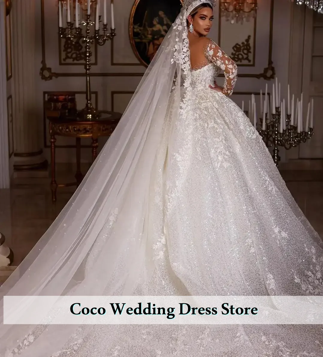 Customized  Exquisite Glitter Lace princess Wedding Gowns Wedding Dresses Beading Tulle Bridal Gown Long Sleeves Robe Pretty Dre
