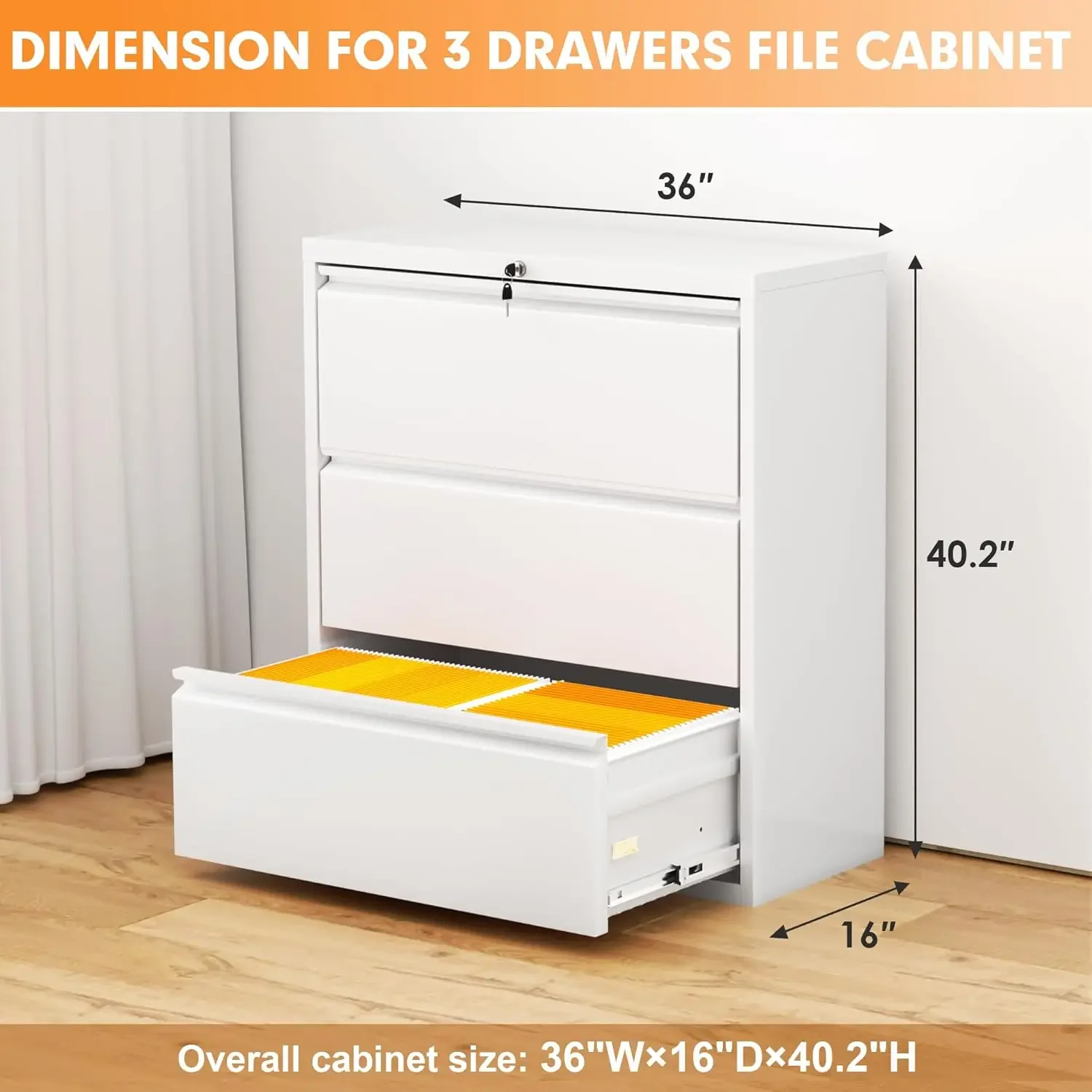 White File Cabinet 3 Drawer, Metal Lateral Filing Cabinet with Lock, Locking White Horizontal Cabinet with Adjustable Frame