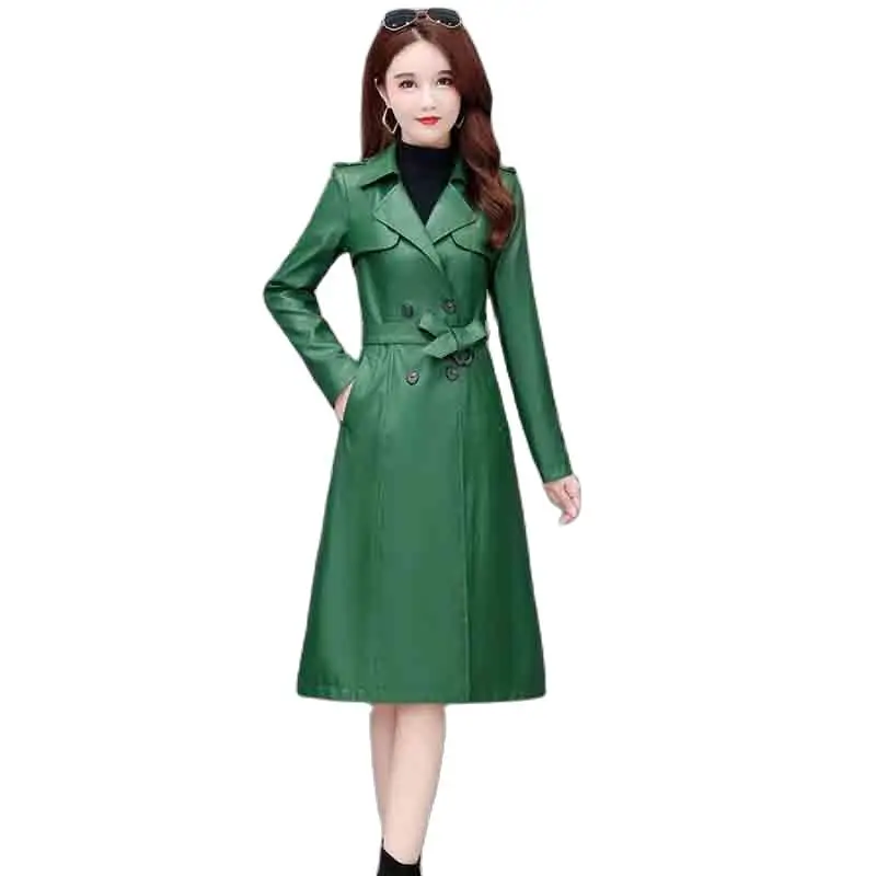 Autumn Winter New Haining Leather Women  Long Korean Version Slim Fashion Temperament Large Size Women Leather Trench Coat  Coat