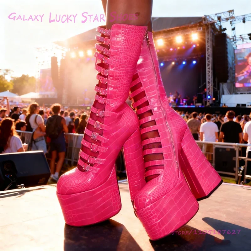 

Dark Blue Stone Plaid Platform Boots Girls Party Belt Buckle Colorful Thick Heels Rose Red High Heels Cute Women Round Toe Shoes