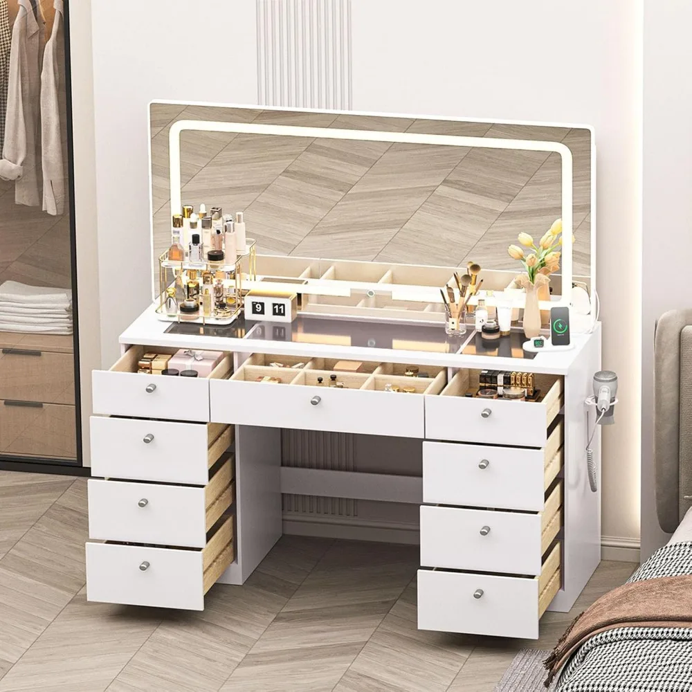 

Makeup Vanity Desk with Mirror - 46 INCH Glass Tabletop Vanity Table with Lights, Drawers, Power Outlet, Large Storage Desk for