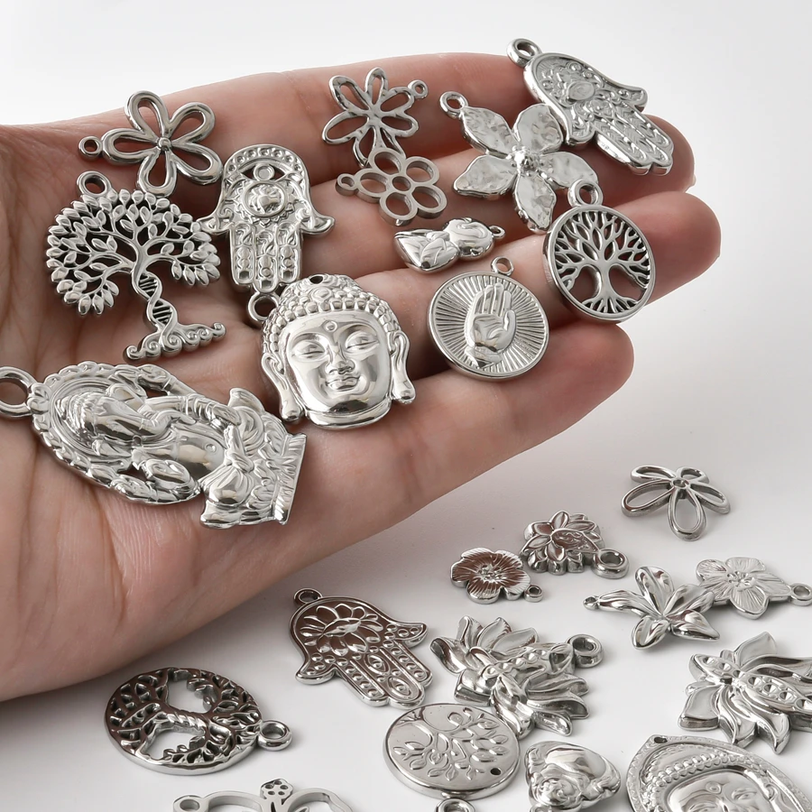 Ethnische Buddha-Kopf- und Fatima-Hand-Anhänger, Blumenbaum-Metall-Edelstahl-Charms für die Schmuckherstellung, Armbänder, Schlüsselanhänger, DIY-Anhänger – Detail 1