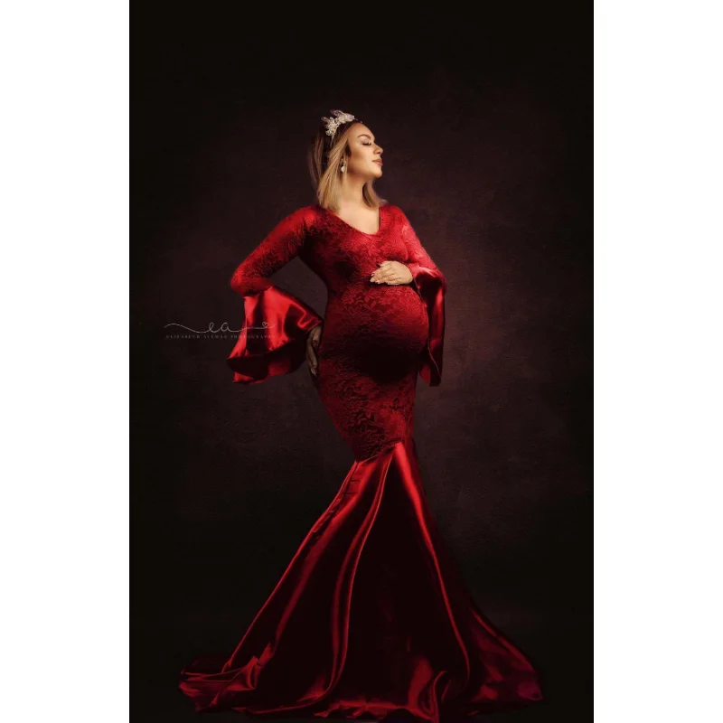 

Lace Splicing Maternity Dress for Photo Shoot V-neck Pregnancy Dress For Photography Long Pregnant Women Fishtail Skirt Red Wine