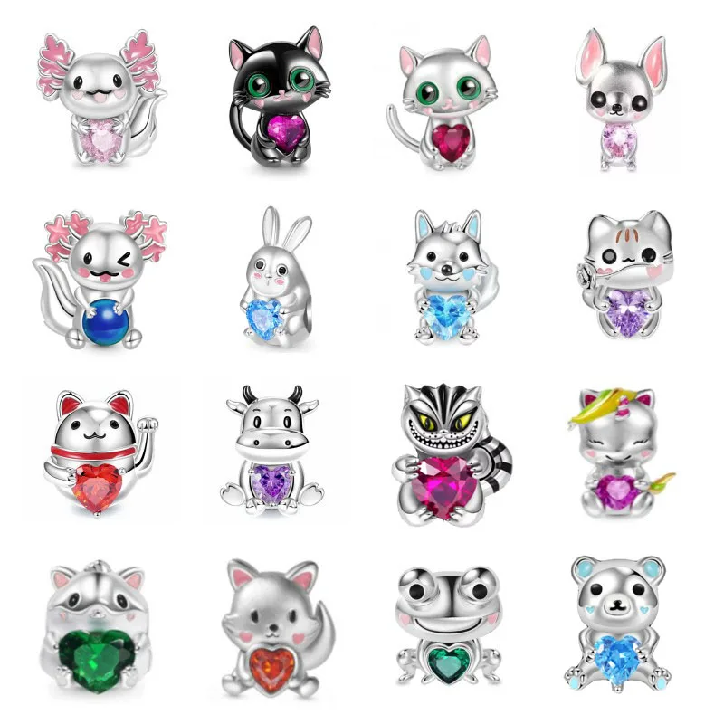 2023 New 925 Silver Plated Pink Animal With Heart Stone Sterling Beads Fit Original European Bracelets Charm Jewerly Accessories