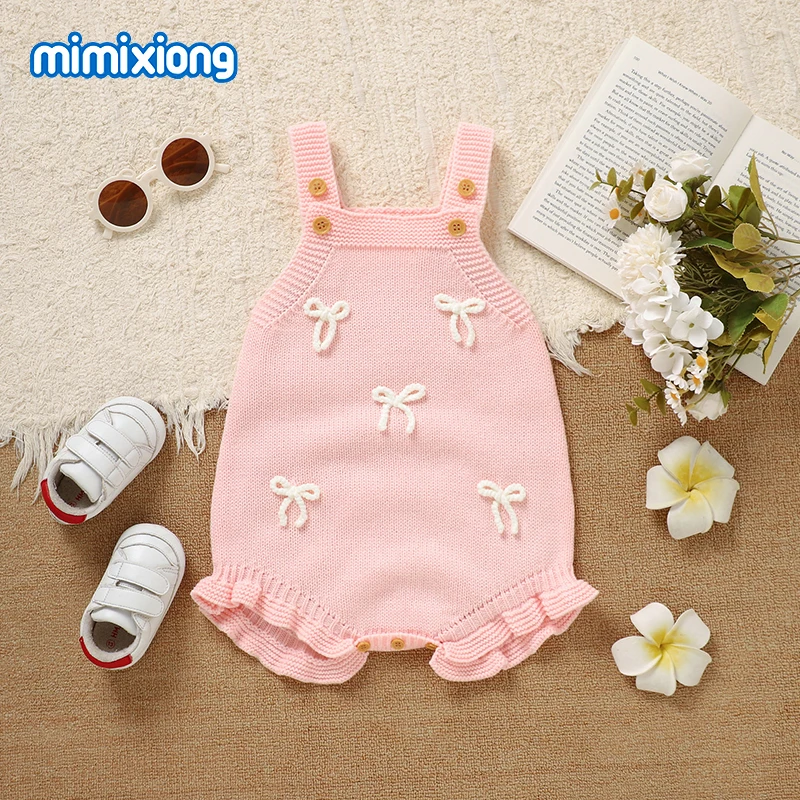

Baby Girls Strap Bodyusits Sleeveless One Piece Knitted Newborn Infant Onesie Coverall 0-18m Pink Bowknot Knitted Toddler Outfit