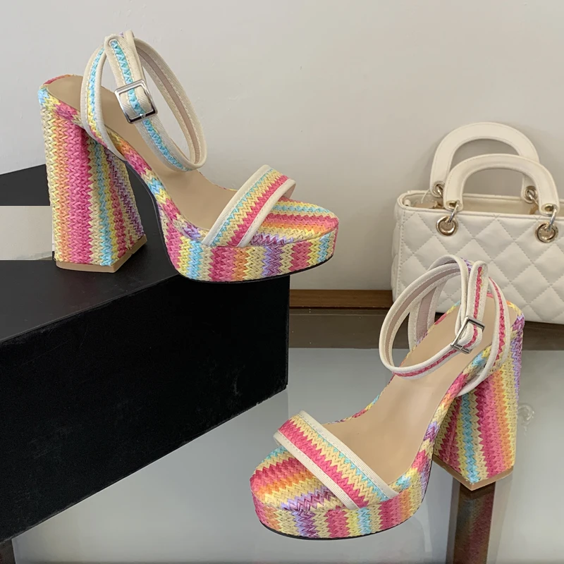 

Eilyken Fashion Design Weave Camouflage Buckle Strap Sandals Woman Platform Chunky High Heels Banquet Carnival Shoes