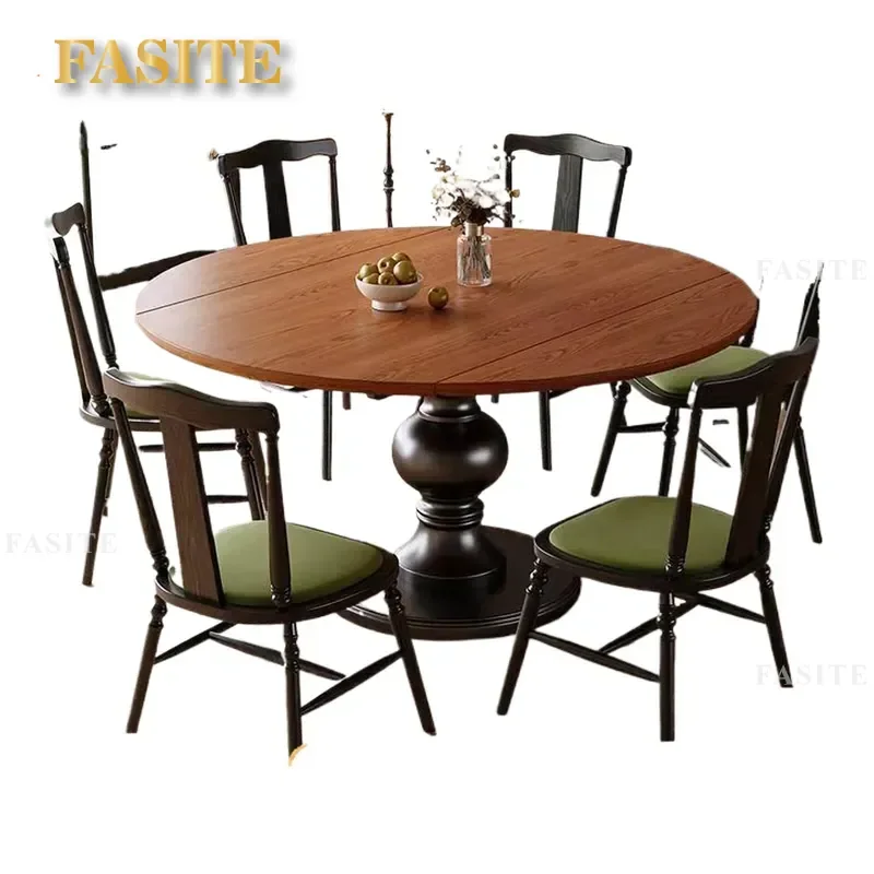 For Medieval Solid Wood Retractable Dining Table French Retro Variable Round Foldable Space Saving Small Apartment Household
