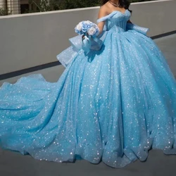 Customized Baby Blue Glitter Ball Gown Quinceanera Dresses Sweet 16 Off The Shoulder Corset Vestido De 15 14 Anos Party Prom