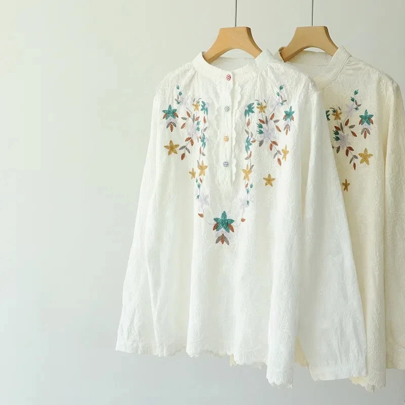 Fall clothes 2024 women bohemian design long sleeve stand collar white beige embroider shirts and blouses boho clothing