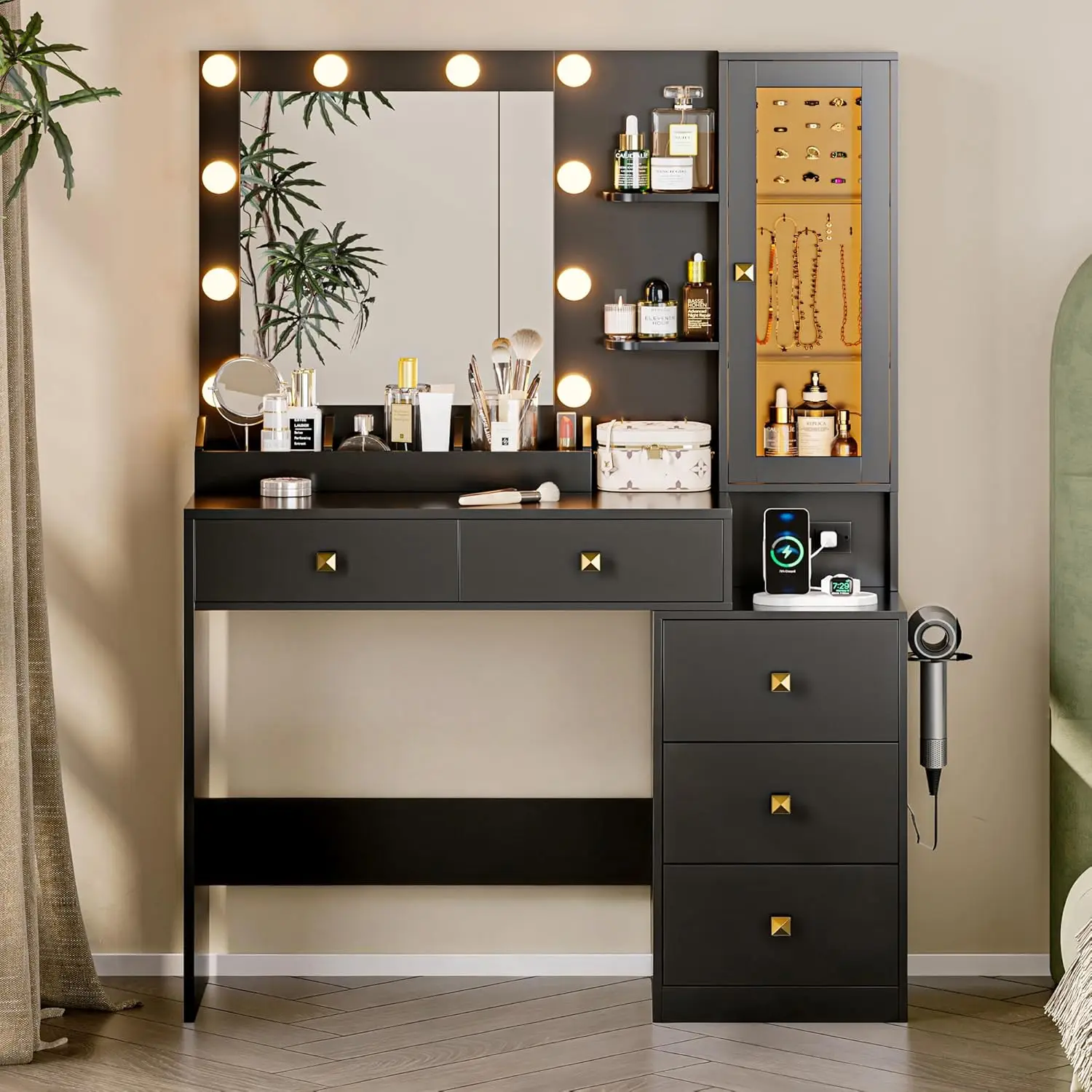 

Vanity Desk with Mirror and Lights, Black Makeup Vanity Set with 5 Drawers, Jewelry Organizer& LED