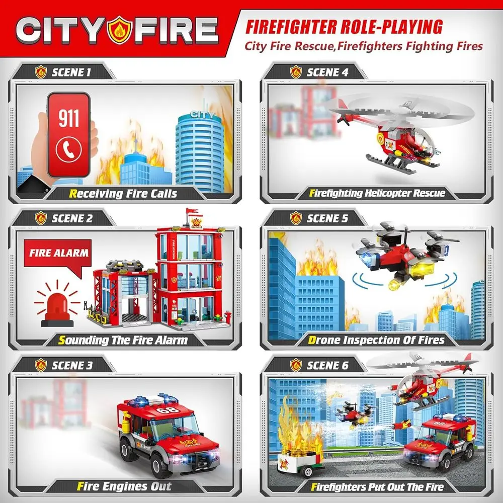 Juego de bomberos con camión de bomberos, helicóptero, drones y motor para niños mayores de 6 años (744 piezas)