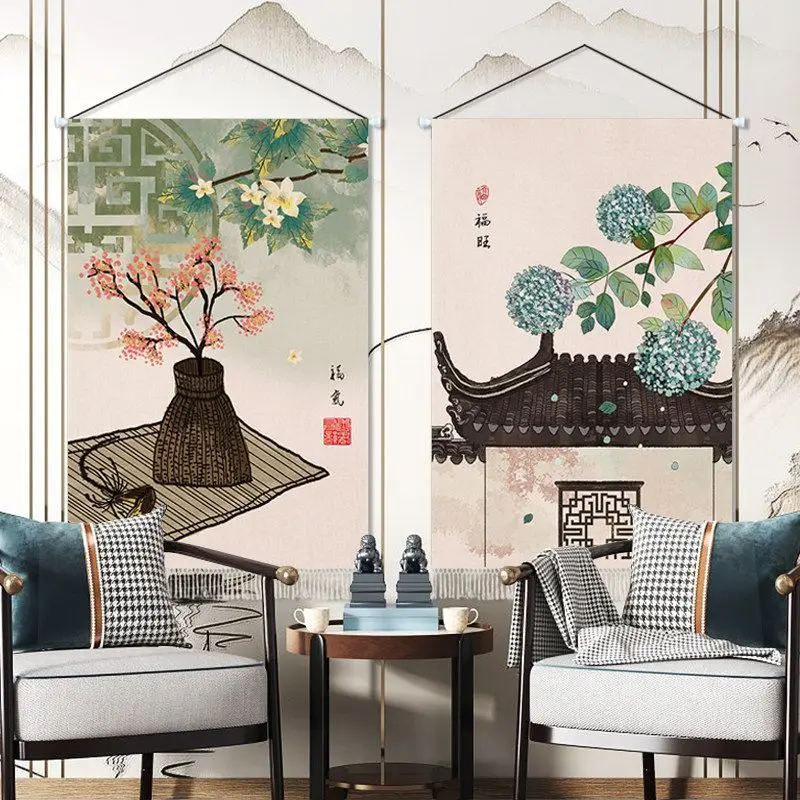VIKAMA New Chinese Landscape Scroll Tapestry Oriental Willow Scenery Wall Art Bedroom Home Decor