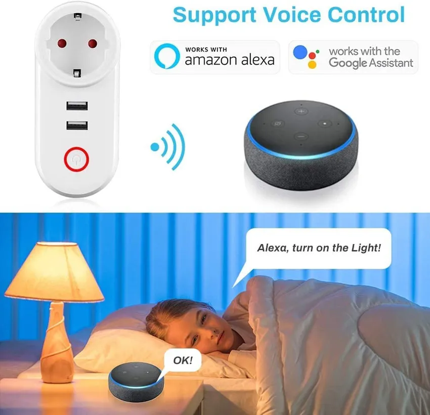 WiFi Smart Plug 16A EU AU UK Brazil Socket + 2.1A Dual USB Charger Tuya Smart Life APP Alexa Google Home Assistant Voice Control