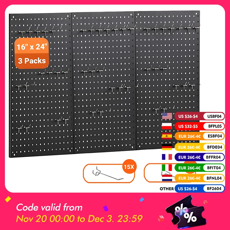 ENJOYWOOD 3 ชิ้น 24 "× 16" โลหะ Pegboard สีดํา Modular Wall Organizer ชุด Peg Board แผง 30 ตะขอบ้านเครื่องมือเก็บ