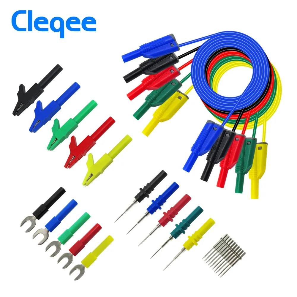 Cleqee P1050B 4mm Safety Stacked Banana Plug Silicone Lead for Multimeter Alligator clip& U-type insert& Puncture test Probe Kit