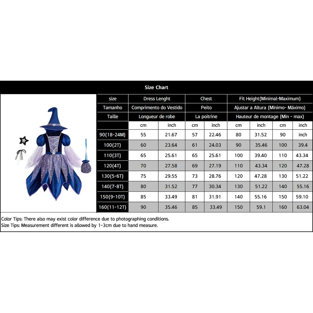 Kinder Mädchen Hexen-Charakter Cosplay Blau-Lila Glitzer-Stern-Netzkleid mit Komplettem Zubehör für Halloween-Themenparty – Detail 1