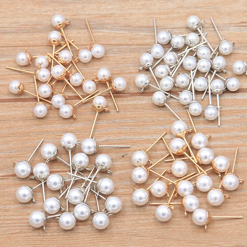 50Pcs 2 Color DIY Imitation Pearl Earrings Findings With Brick Clasps Jewelry Making Accessories Iron Hook Earwire Handmade