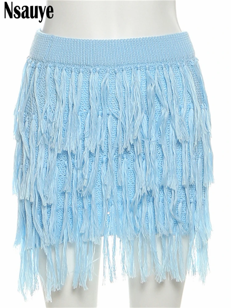 سترة نسائية مثيرة من Nsauye سترة فضفاضة بأكمام طويلة شفافة من خلال النادي المحبوك تنورة صغيرة ملفوفة بشراشيب طقم مكون من قطعتين لشتاء 2025