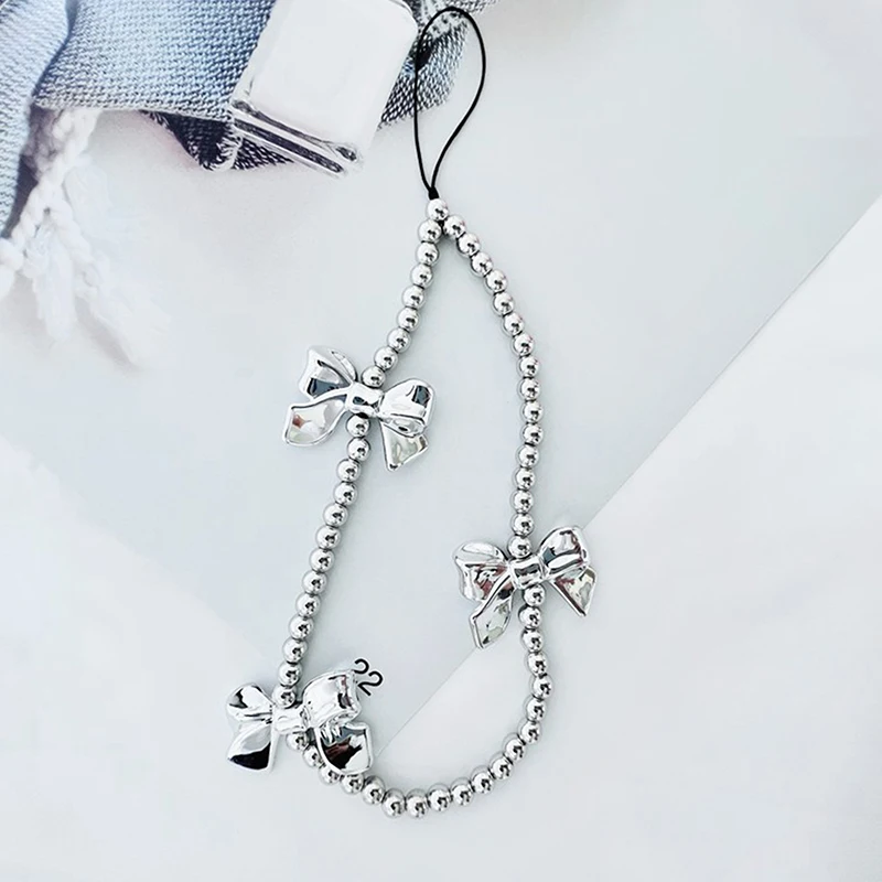 Light Luxury Silver Beaded Phone Chain Bowknot Anti-lost Phone Lanyard Rope Mobile Phone Shell CCD Camera Bag Pendant Decoration