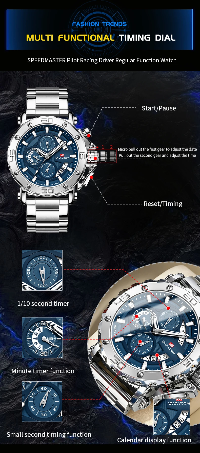 VA VA VOOM Chronograph-Uhr für Herren, Kalender, leuchtend, wasserdicht, Herrenuhr, luxuriöse Edelstahl-Quarzuhr für Herren, Reloj – Detail 9