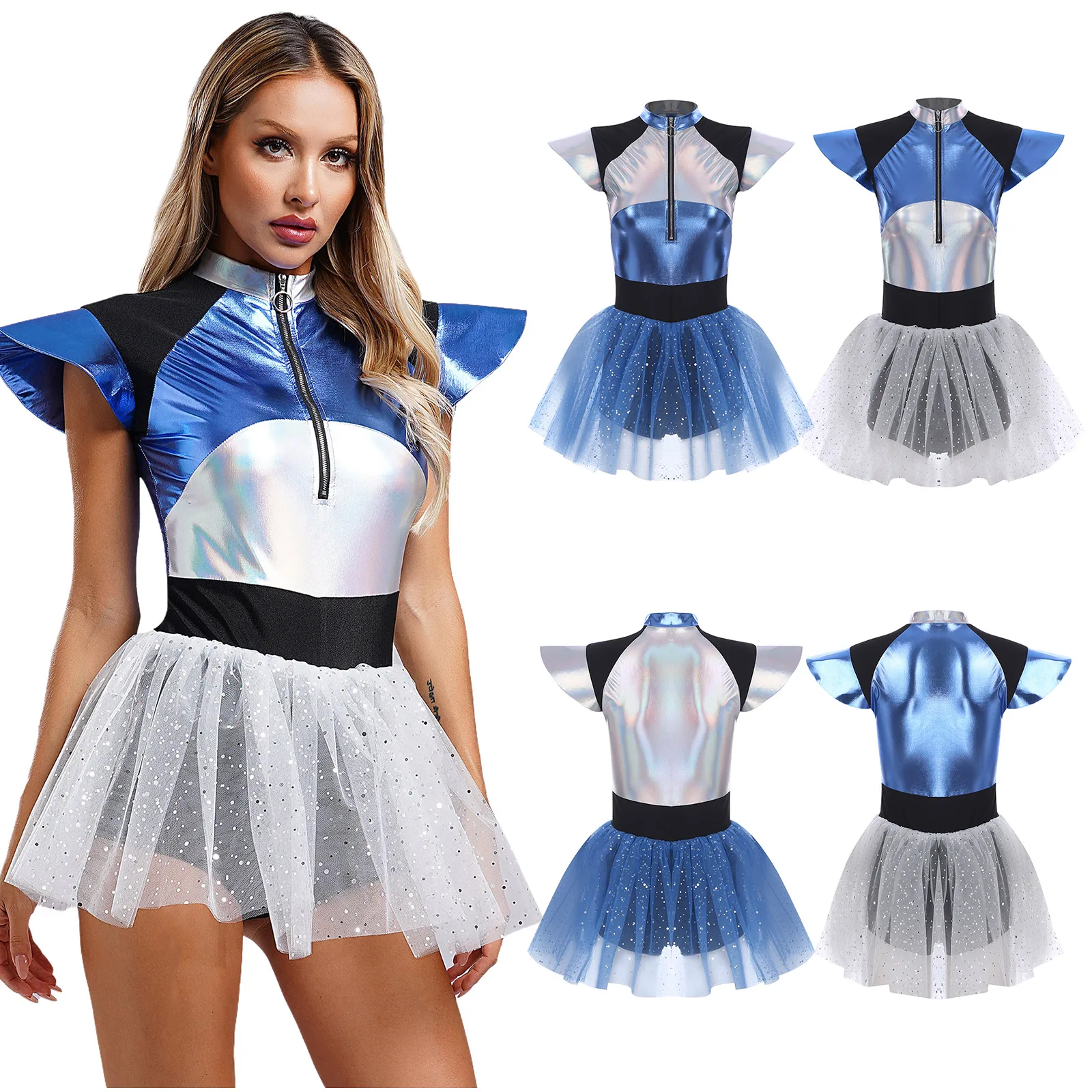 Women Alien Astronaut Cosplay Costume Metallic Sequins Fly Sleeve Tulle Skirt Boyshorts Jumpsuit Masquerade Theme Party Dress up