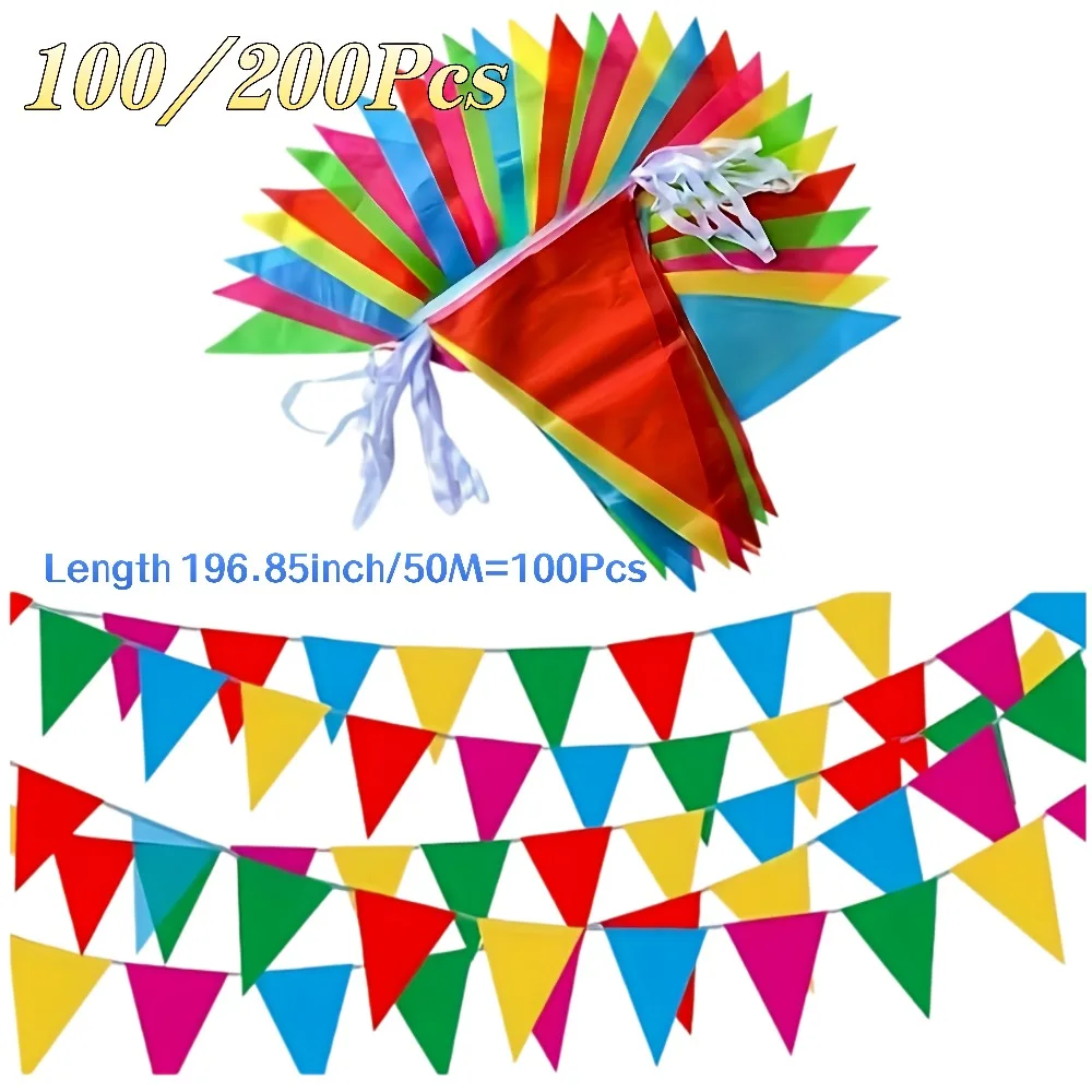 100/200 Stück bunte Dreiecksflaggen, mehrfarbige hängende Wimpelkette für Party, Garten, Outdoor-Events, Dekoration