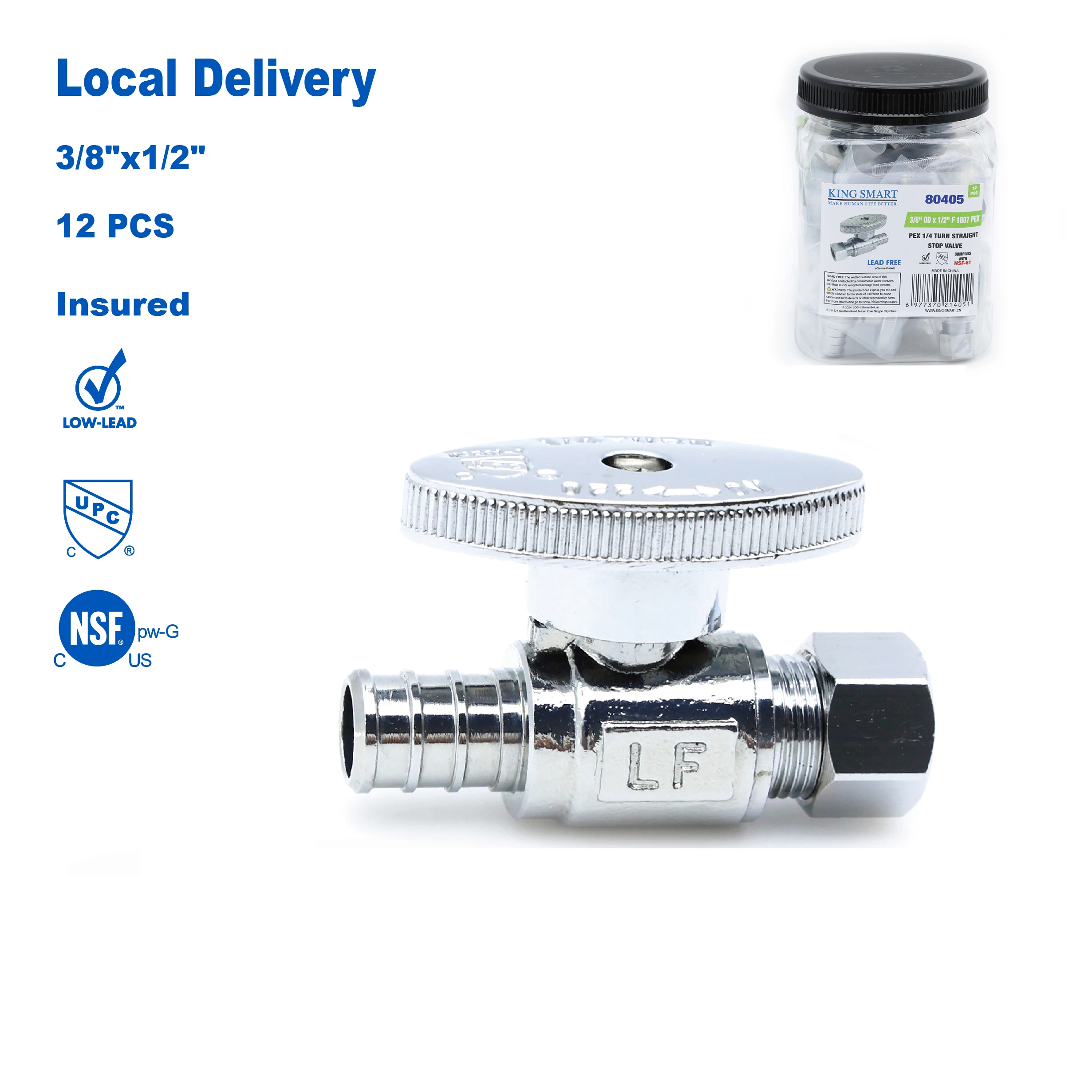 

KING SMART Crimp/F1807 PEX 1/2" * 3/8" Комп. OD 1/4 Поворотный прямой запорный клапан; 12 шт./корпус; 80405